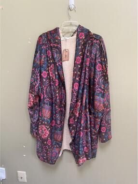 Natural Life NWT Boho Sherpa Lined Blanket Kimono Jacket Floral Festival L/XL